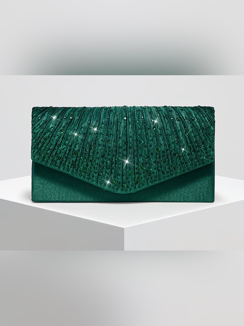 Emerald Green Bejeweled Pleated Envelope Clutch